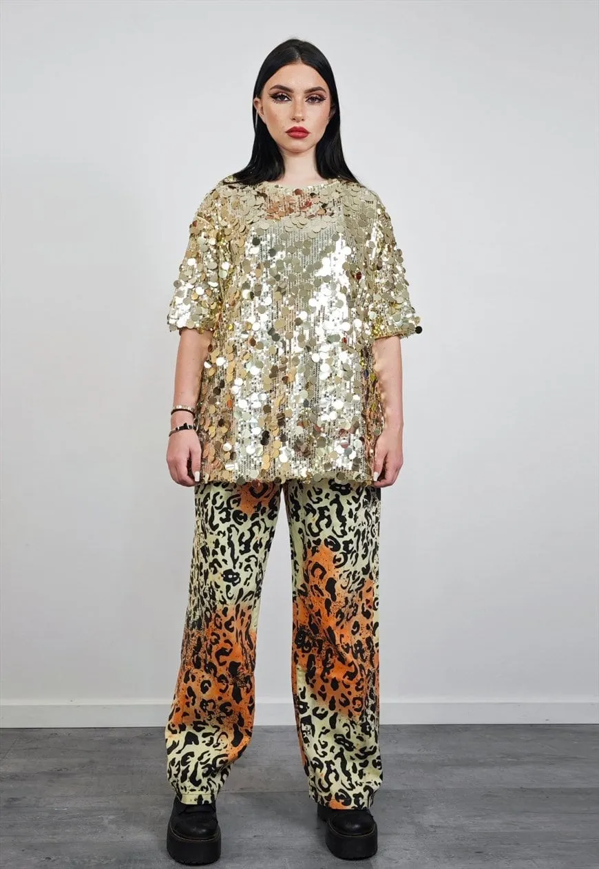 Gold sequin top luxury embellished tee embroidered t-shirt