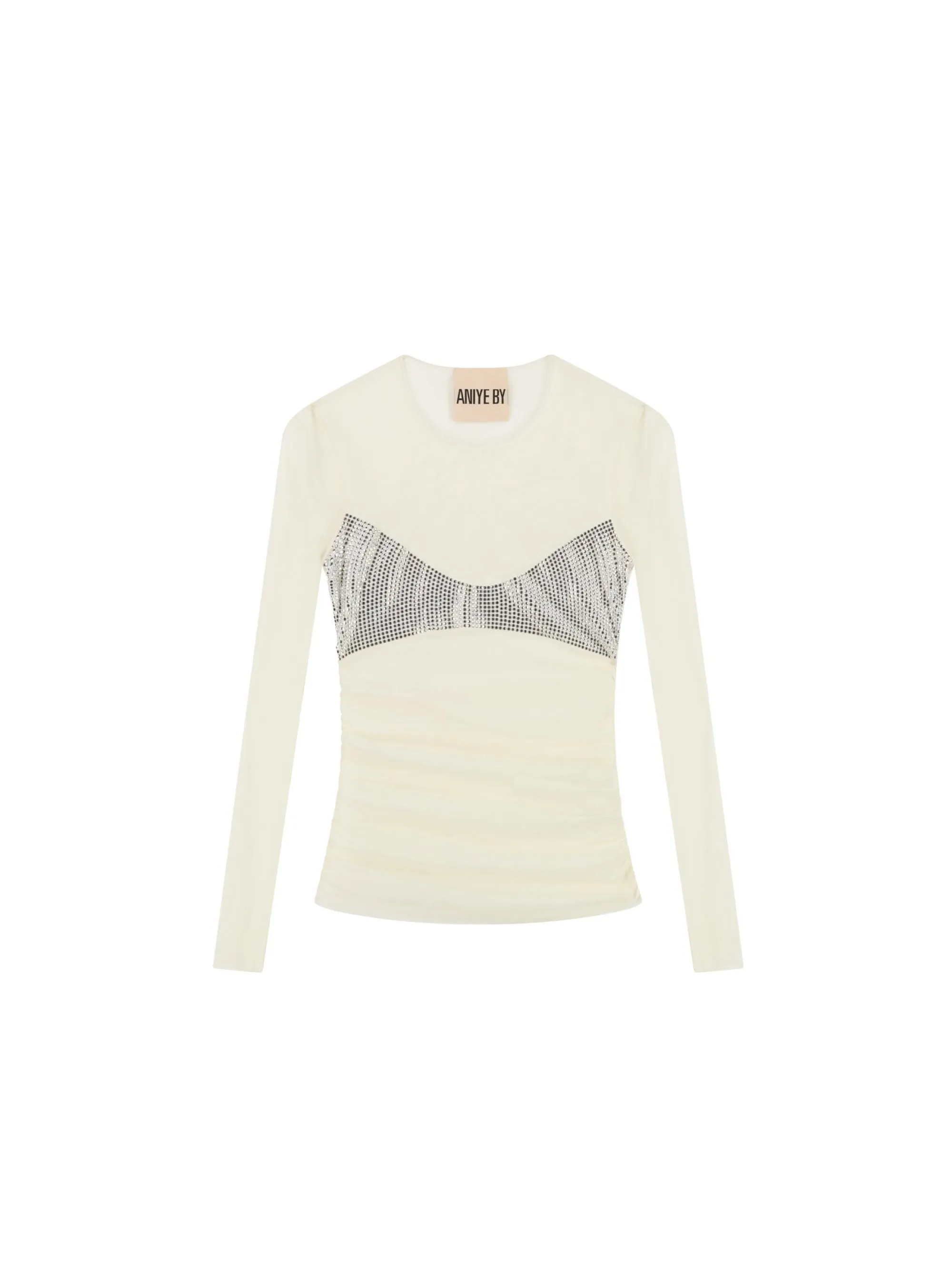 T-shirt in Tulle con Strass Crema